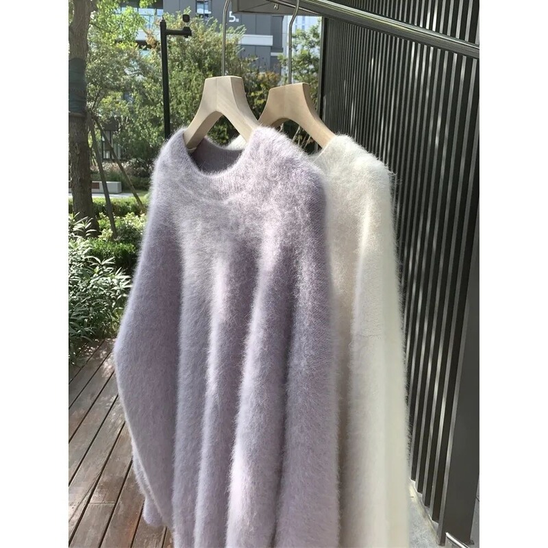 软呼呼仿水貂绒毛衣女圆领套头打底衫秋冬新款温柔宽松慵懒风上衣|undefined