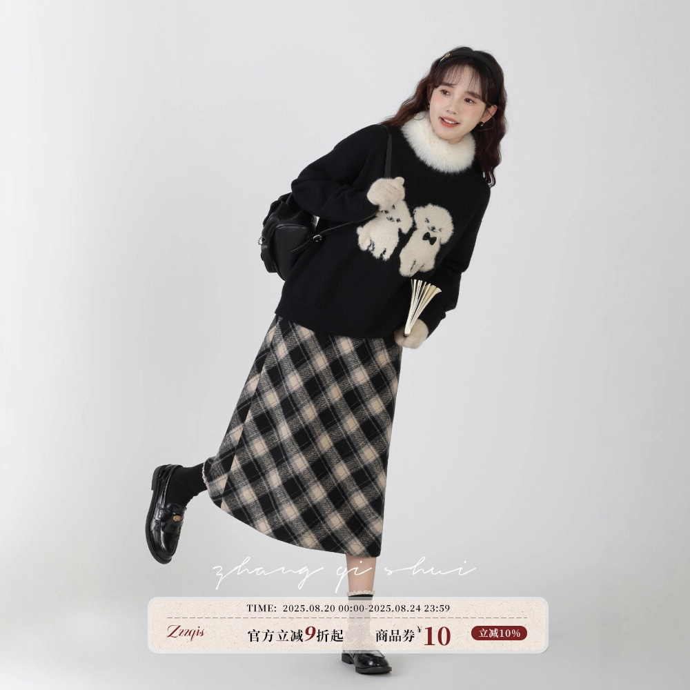 张汽水《晚安小狗 》秋冬新款黑色圆领气质甜美卡通慵懒风毛衣女