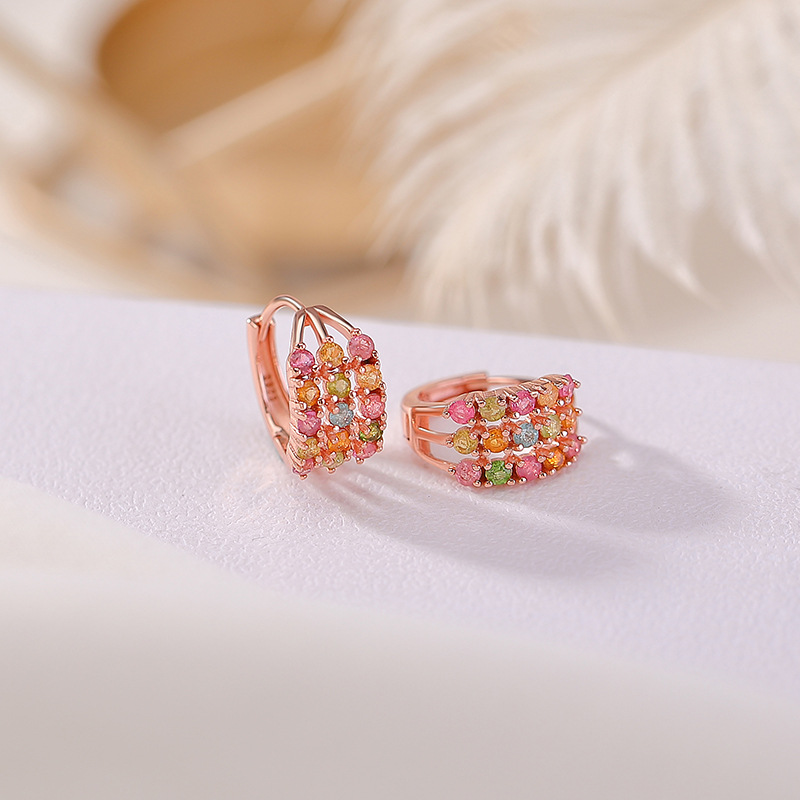 Bông tai bạc S925 mạ vàng hồng đính tourmaline đơn giản tinh tế — Một cặp (màu tourmaline ngẫu nhiên)