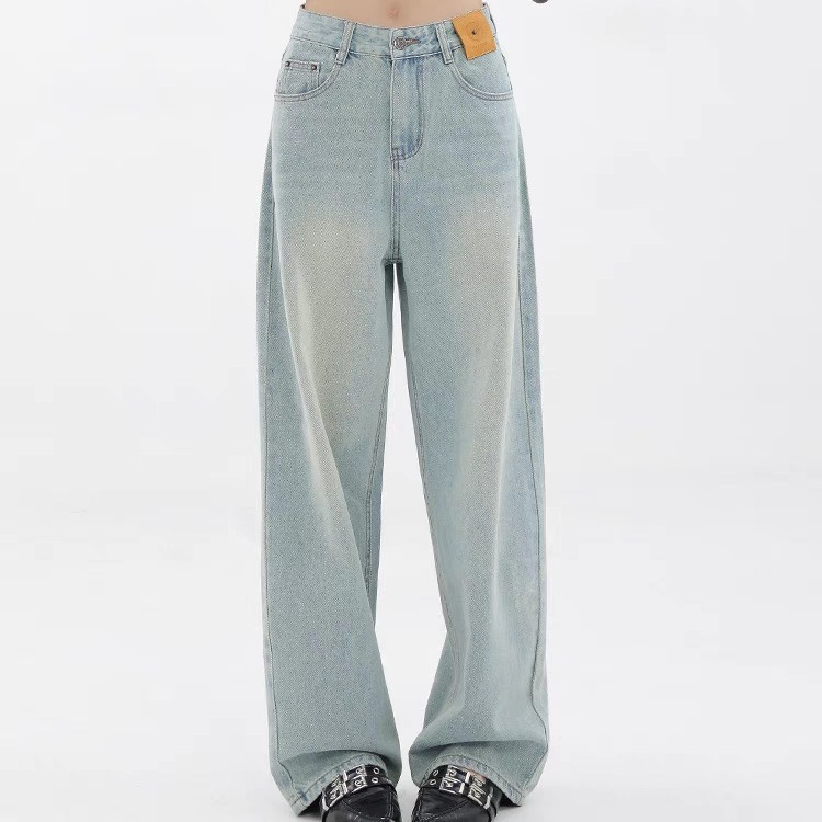 KENH retro light grinding white loose straight jeans for women early spring new basic style versatile wide-leg pants