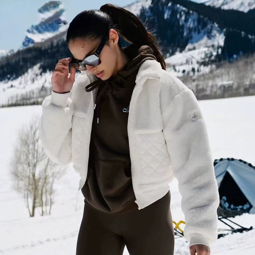 Jisoo's Same Style Al-O Lamb Wool Plush Stand Collar Zipper Jacket, Short Thickened Warm Casual Cotton Coat