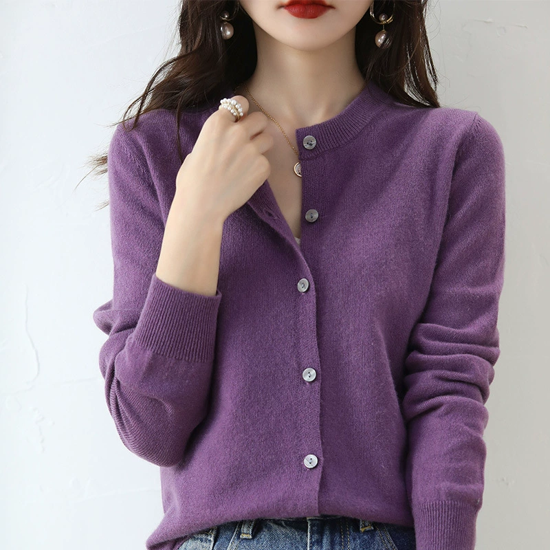 Однотонный вязаный кардиган с круглым вырезом, новый свободный Универсальный свитер, Женская осенне-зимняя куртка, Высококачественная пряжа, Топ с длинным рукавом