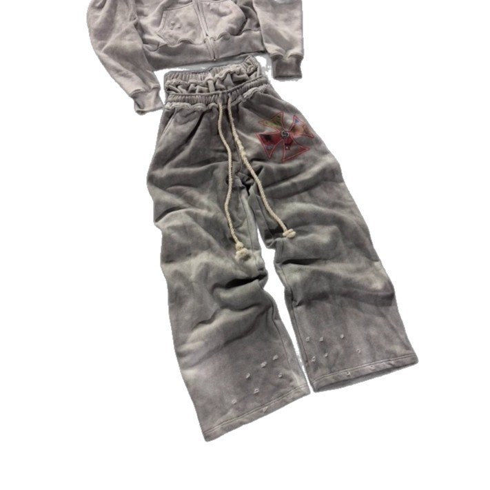 Cross-border retro americano impresión casual con cremallera encapuchado chaqueta otoño y invierno alta calle doble cintura falsa de dos pantalones set