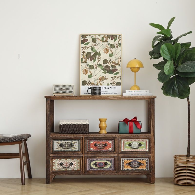 Medieval Style Entrance Cabinet, Painted Cabinet, Retro Solid Wood Cupboard, Drawer-Type Storage Cabinet, Sideboard, Multi-Layer Tea Cabinet