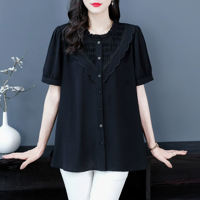 Летняя кружевная свободная универсальная шифоновая рубашка больших размеров для девочек с короткими рукавами и оборками, Топ для женщин среднего и пожилого возраста