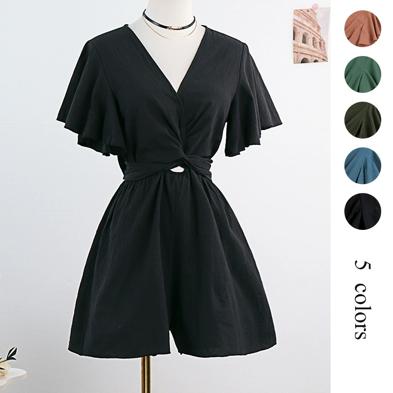 Независимый дизайн Европейский и Американский трансграничный Amazon сплошной цвет комбинезон женский 2025 весна и лето темперамент коммутирующие комбинезоны с V-образным вырезом