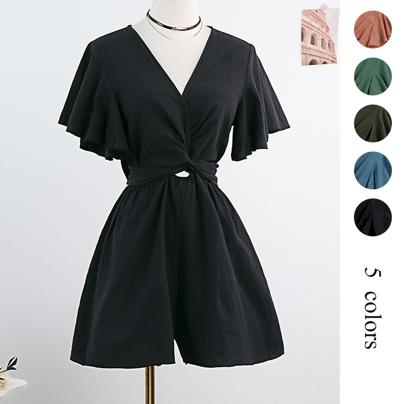 Self-designed European and American cross-border Amazon solid color jumpsuit female 2025 spring and summer temperament commuter V-neck jumpsuit