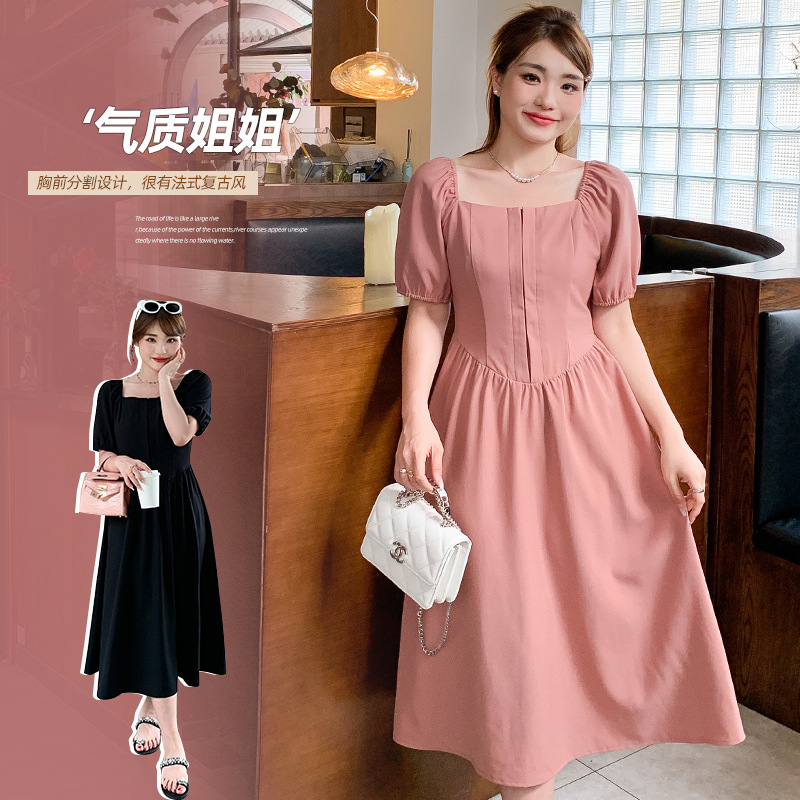 Summer Puff Sleeve Large Size Dress Women's Chubby Girls New French Style Mori Style High Waist Elegant Internet Popular 62505 Dress