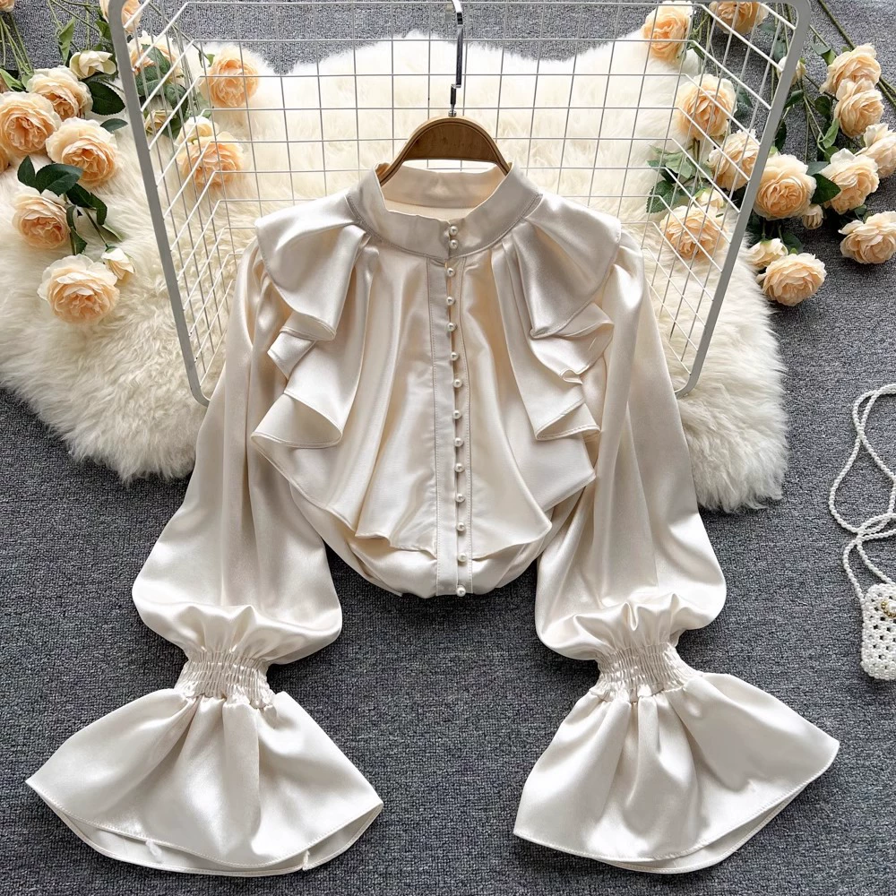 Французская рубашка высокого уровня женского дизайна нишевые воротник с листьями лотоса однобортный сладкий темпераментный рукав топ