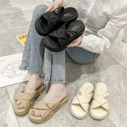 Summer new cross-strap slippers for women, thick-soled outer wear, small fragrant style, step-on-shit slippers, fashionable and versatile for home use
