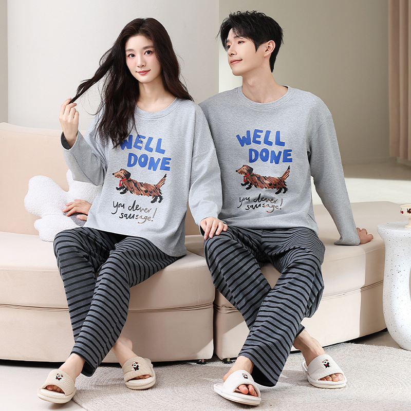 Autumn and Winter Couple Pajamas Set Men's Plaid Trousers Long-Sleeved Men's and Women's Korean Cartoon Home Clothes Can Be Worn Outside