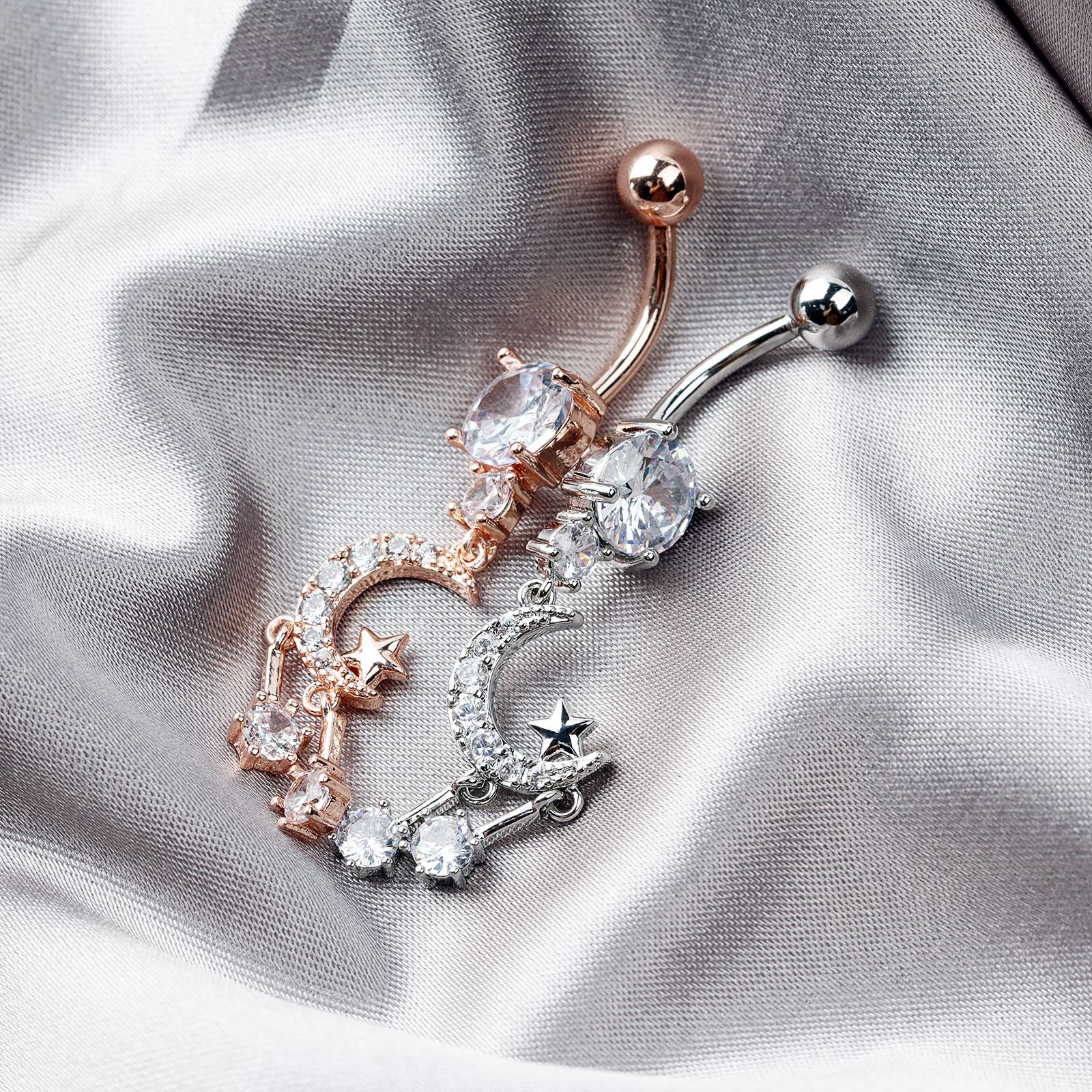 Stainless Steel Moon Zircon Navel Ring With Diamond Details_voghion.com