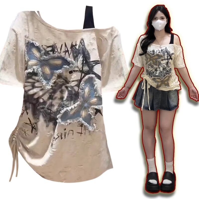 Plus Size Slightly Fat Design, Beautiful Butterfly Sloping Shoulder Top, Loose American Style Lazy Style Short-Sleeved Off-Shoulder Shirt for Women Plus Size Slightly Fat Design, Beautiful Butterfly Sloping Shoulder Top, Loose American Style Lazy Style Short-Sleeved Off-Shoulder Shirt for Women