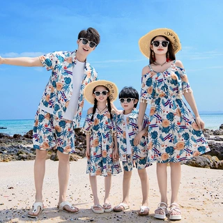 2024夏季新款三件套亲子装沙滩款一家四口夏季休闲套装