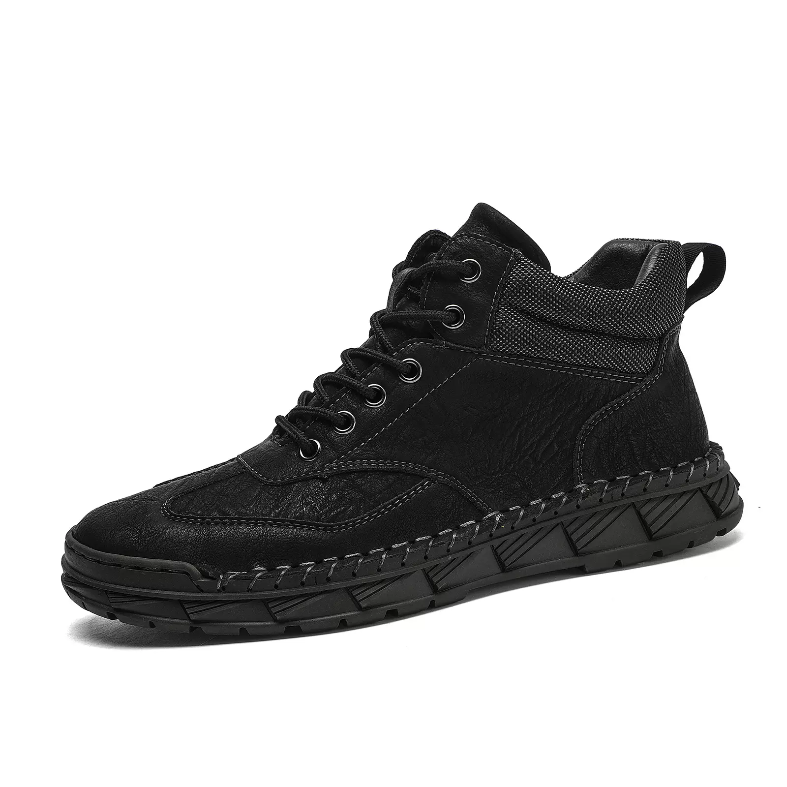 跨境大码男士PU皮靴 男士时尚手工缝线踝靴平底系带休闲鞋