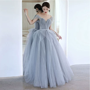 Evening Dress Elite Trend, women's gray off-shoulder ball gown, layered skirt, sizes XS–XXXL