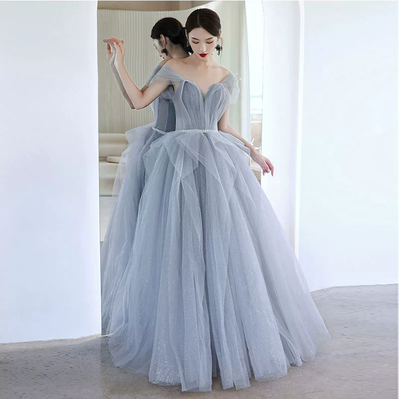 Evening Dress Elite Trend, women's gray off-shoulder ball gown, layered skirt, sizes XS–XXXL