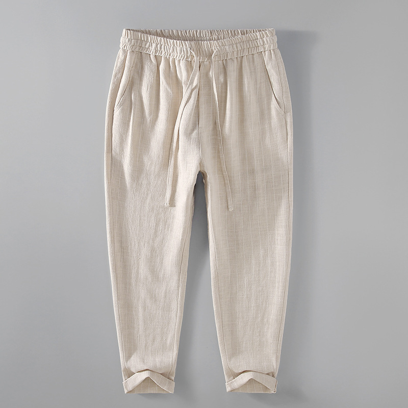 Spring New Men's Cotton and Hemp Thin Breathable Casual Versatile Loose Hemp Harlen Pants Small Feet Crop Pants_voghion.com
