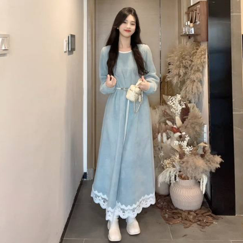 蓝色蕾丝连衣裙子女2025新款早秋季法式气质高级感别致绝美长裙|undefined