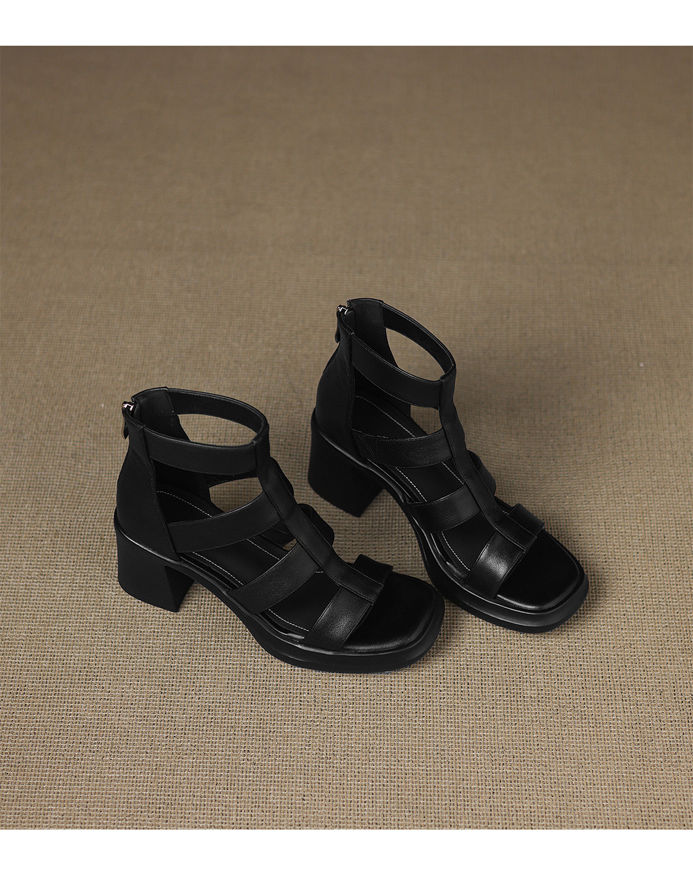 Sandal cao gót nữ mũi vuông hở ngón chân, chất da bò thô, gót 9 cm — đen chi tiết 17