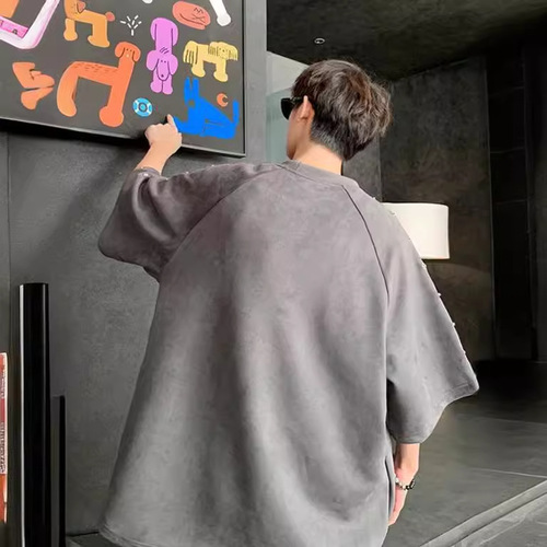 Men's Summer Heavyweight Cool Style Streetwear Design Fashion Niche Loose Casual 5 1/2 Sleeve T-Shirt