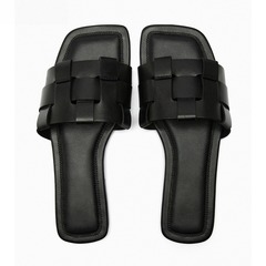 2024年新款小方頭編制拖鞋女外穿平底涼拖鞋夏季時尚百搭露趾女