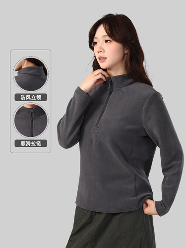Double-sided brocade sanded autumn and winter zipper warm top slim couple coat T-shirt windproof sports sweater semi-high collar