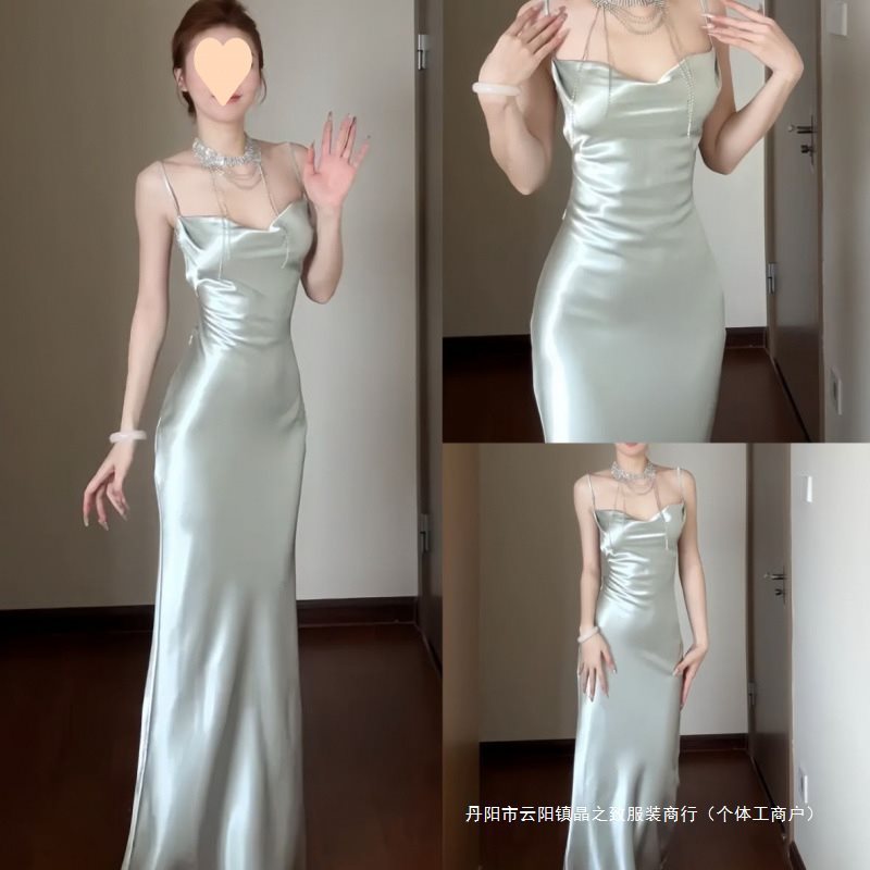 法式纯欲御姐风缎面吊带连衣裙女2025夏季新款感收腰包臀长裙|undefined