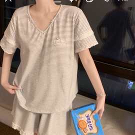 韩国ins女士夏季睡衣女可爱女孩条纹木耳花边短袖短裤家居服套装