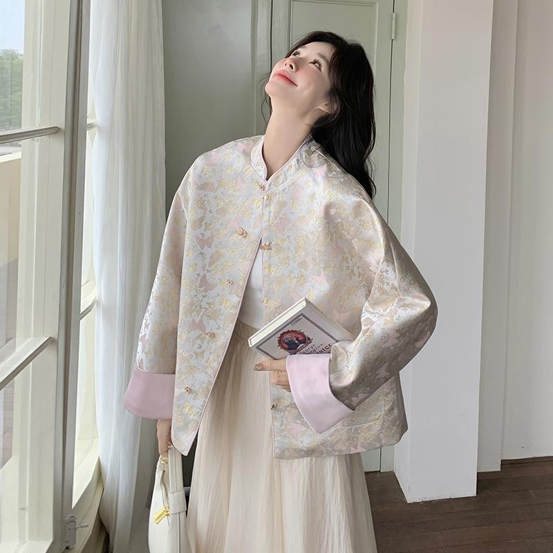 新中式国风缎面印花拼接外套女春季新款时尚减龄短款夹克上衣|undefined