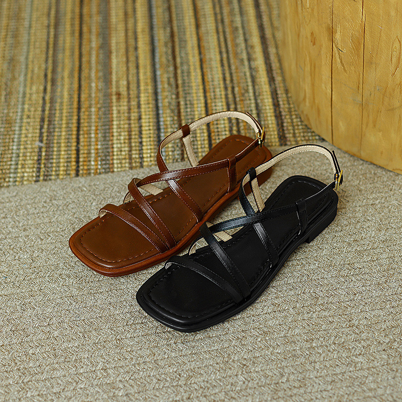 Sandal La Mã dệt cổ điển nữ quai ngang đế bệt — Màu nâu chi tiết 11