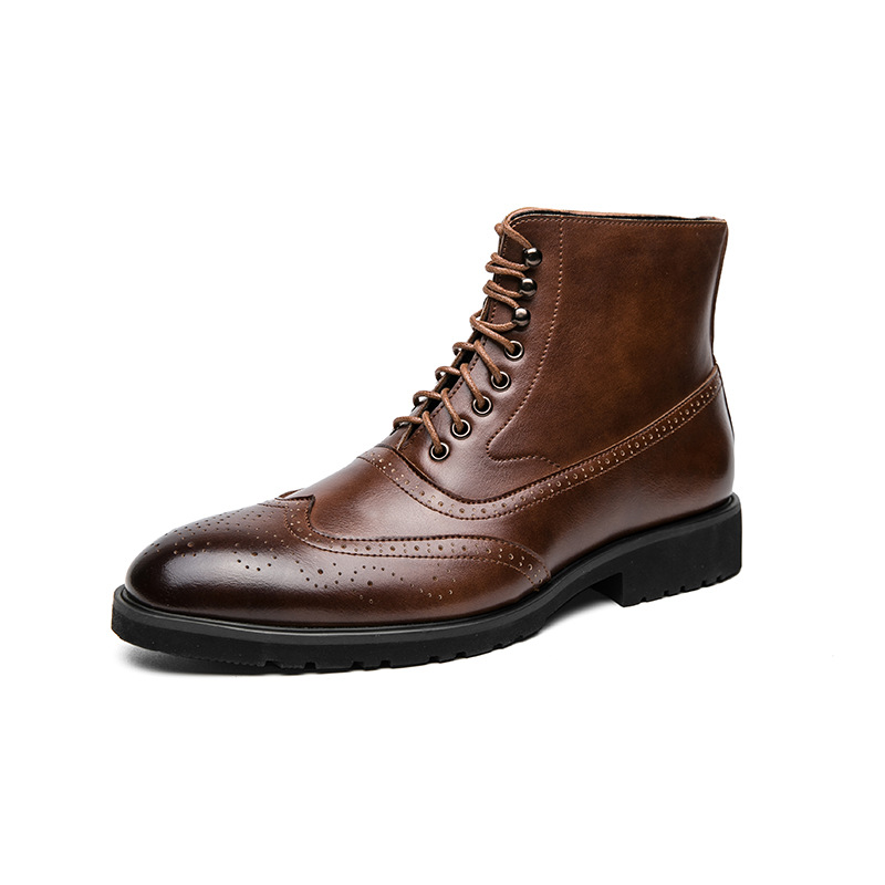Distressed Leather Brogue Boots For Men High Top Formal Shoes_voghion.com