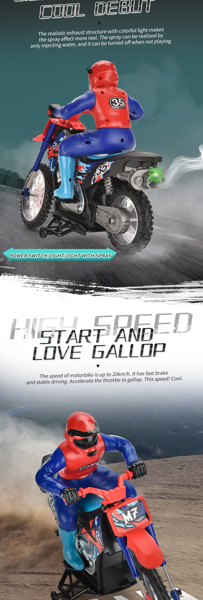 2.4G Motorcycle Stunt Spray Light Rechargeable Boys Remote Control Car Model Children's Toy_voghion.com