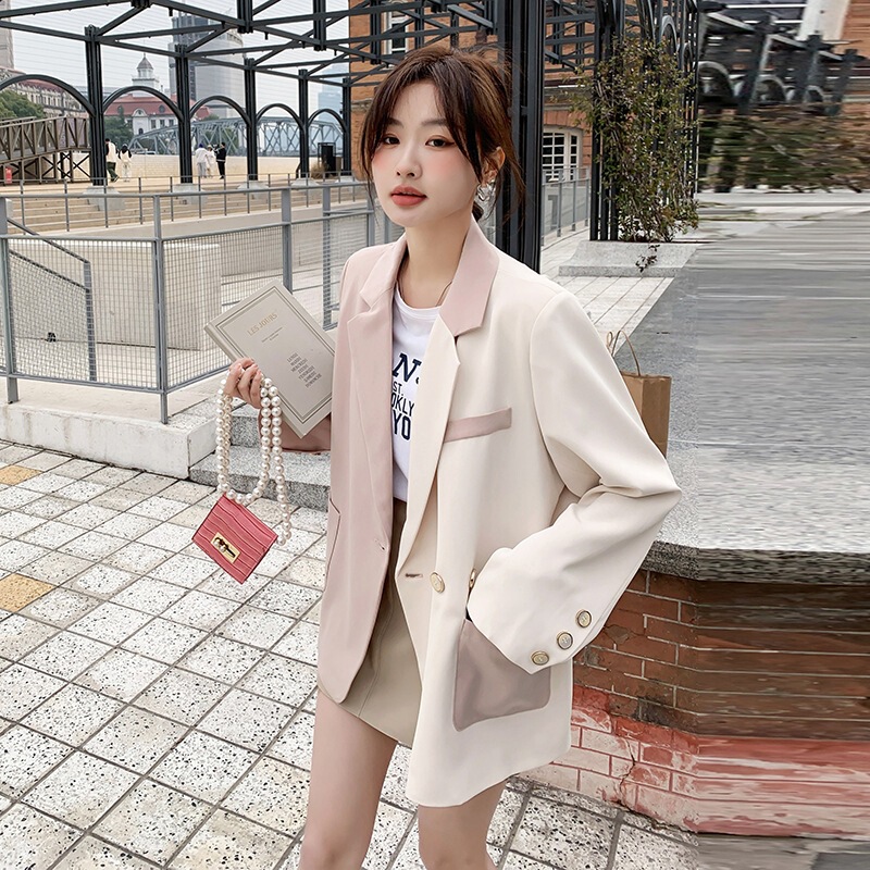 Real Shot of Color-Blocked Blazer for Women, 2025 Spring New Popular Design, Loose Casual Style for Petite Figures, Super Trendy Suit