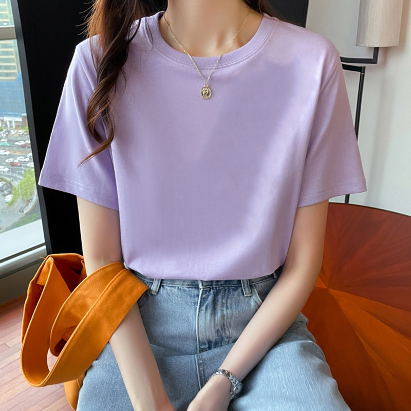 ゆるい純綿半袖tシャツ女性の夏服の新商品の中に上着の肩のデザイン感があります。|undefined