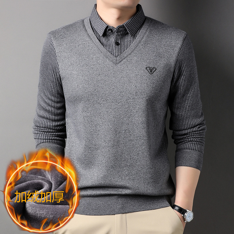 冬季新款加绒长袖假两件t恤男中年爸爸装鹿头印花衬衫领男装代发