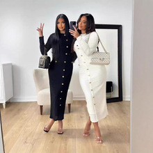 Y6047 欧美风亚马逊2024秋季新款法式复古修身显瘦针织长袖连衣裙