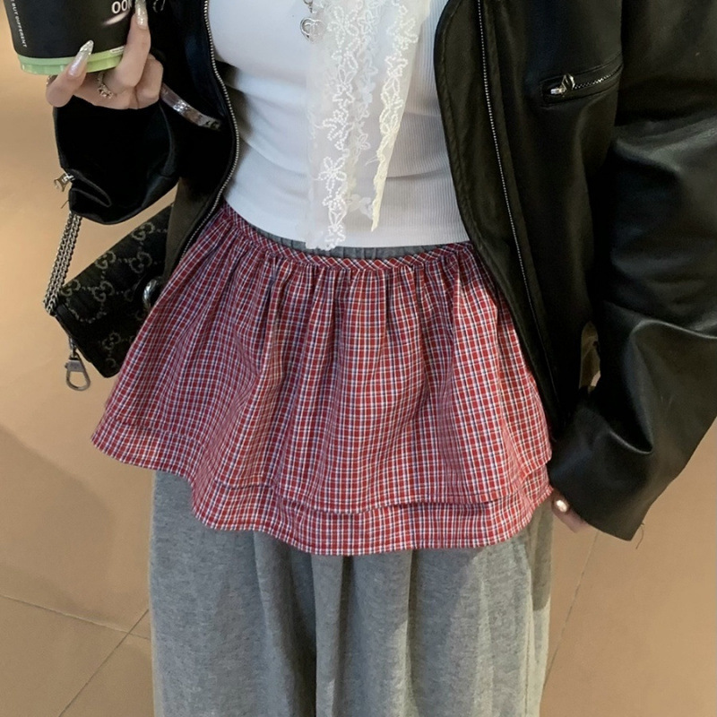 ニッチなデザインの甘いチェック柄の女性用スカート、春のショート二重層タイアップスカート|undefined