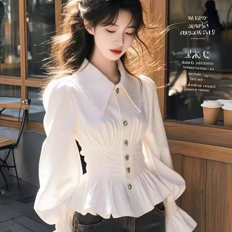 白色高级感翻领长袖衬衫女春季新款温柔气质独特衬衣掐腰别致上衣|undefined