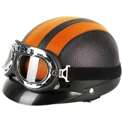 electric car Harley half helmet helmet: Motosiklet kaskı (dəbilqə) - orange-leather-helmet-harley-goggles-detachable-scarf