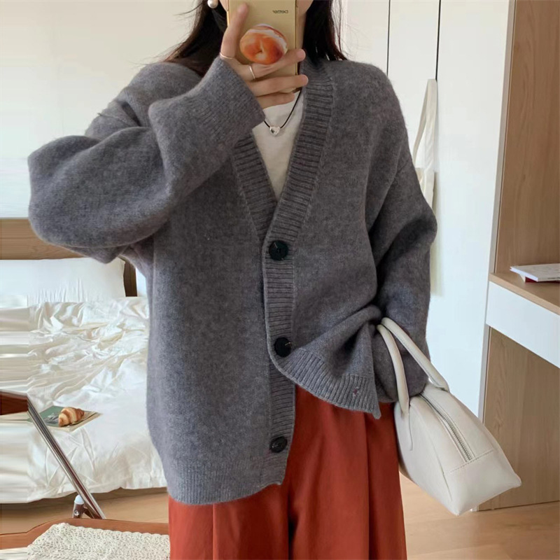 2024春の新型韓国版ファッションゆるいvネックニットカーディガン女性コート怠惰なセーター上着女装|undefined