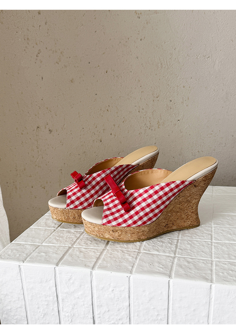 Sandal cao gót nữ mũi cá hở ngón, đế xuồng dày, nơ bướm, gót siêu cao 12 cm — Kẻ đỏ, Hồng sâm panh chi tiết 12