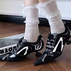 大きいサイズのニッチレースアップポインテッドトゥハイヒール女性用2025年クロスボーダー新特殊形状ヒール高さ増加メッシュスポーツシューズ