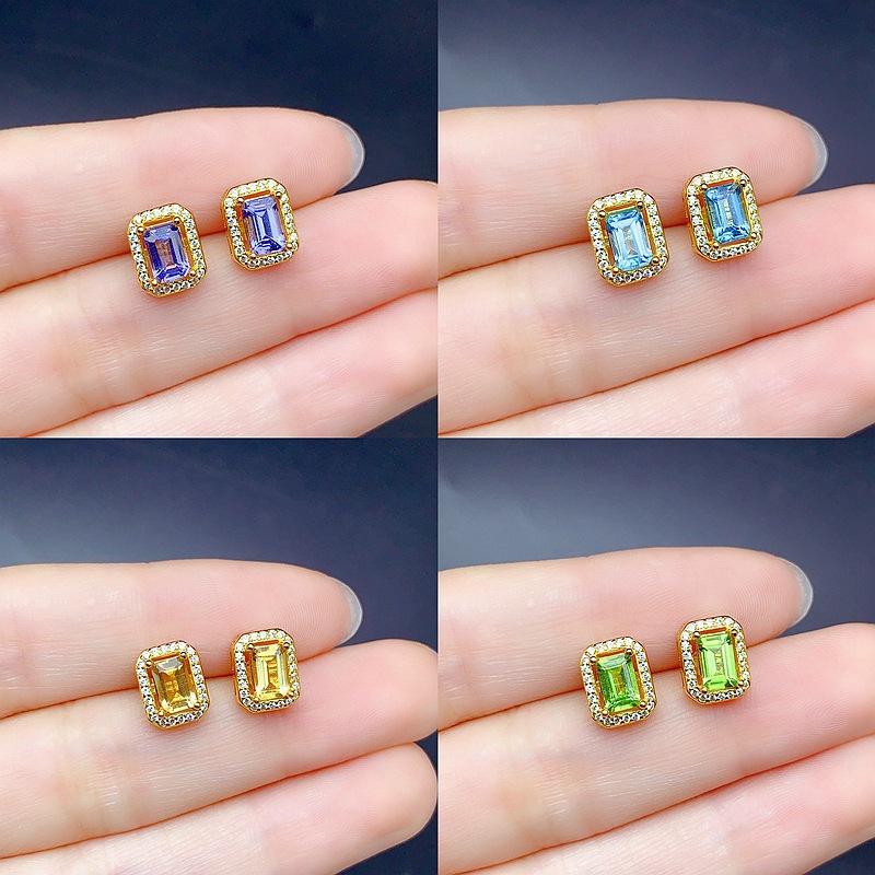 Hot-Selling S925 Sterling Silver Rectangular Earrings Inlaid with Natural Peridot, Tanzanite, and Other Colored Gemstones, Classic Zirconia-Encrusted Style, Wholesale