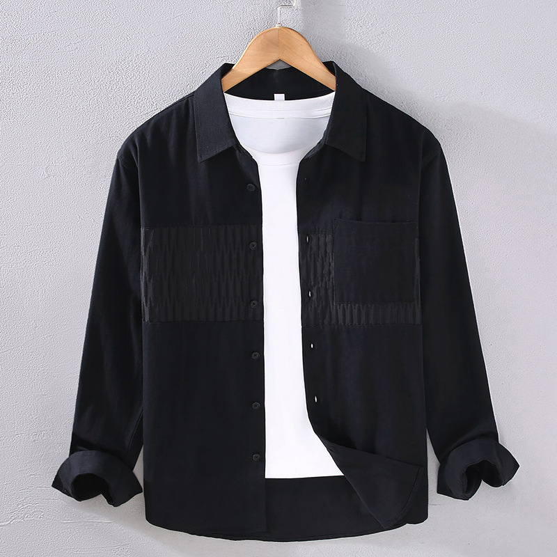 Twill contrast color patch artistic casual long-sleeved shirt men's lapel shirt loose trendy coat men's New Twill contrast color patch artistic casual long-sleeved shirt men's lapel shirt loose trendy coat men's New