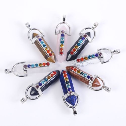 Cross-border best-selling natural amethyst and crystal white quartz hexagonal column pendant with multi-color water drill alloy necklace wholesale accessories