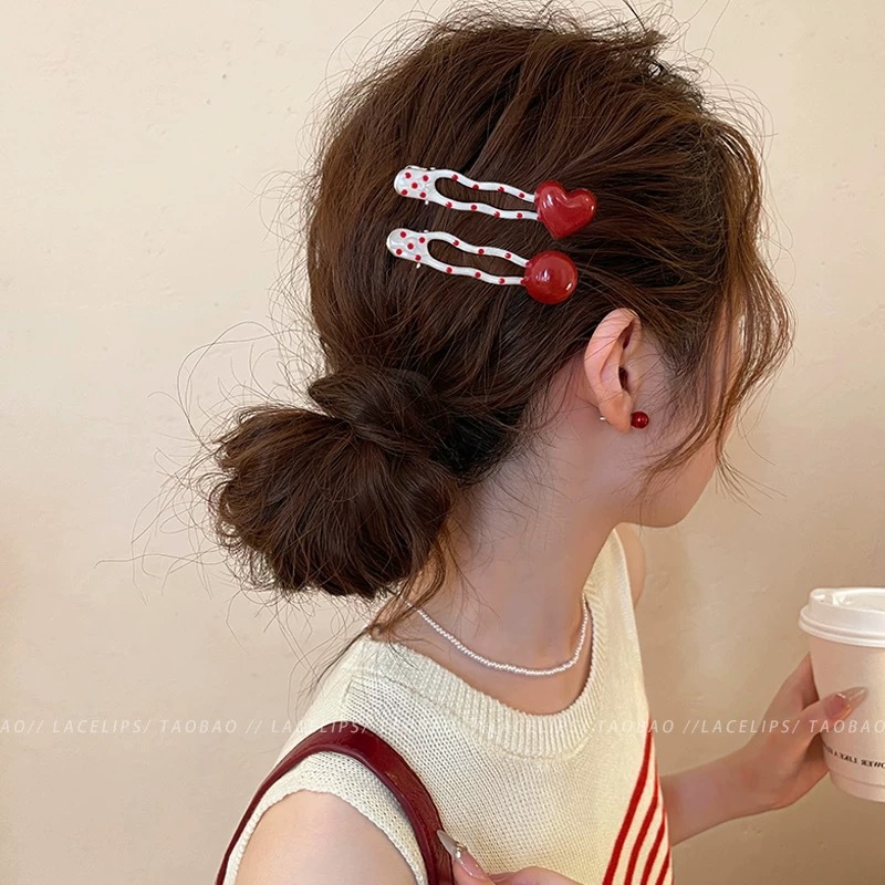 22# red round bead love polka dot side clip about 6.5cm