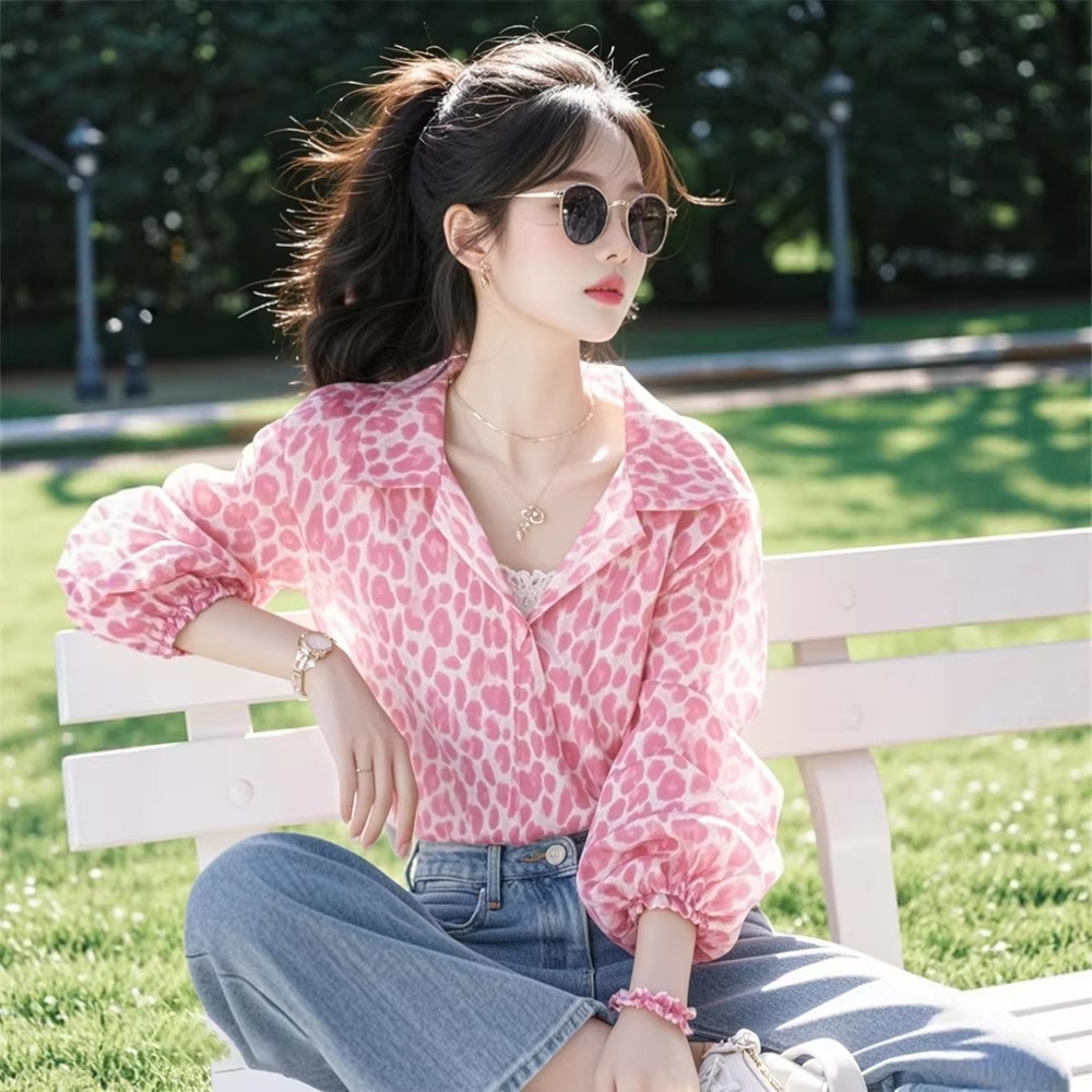 Áo sơ mi nữ cổ bèo tay bồng phối màu tương phản kiểu Pháp — màu hồng chi tiết 4