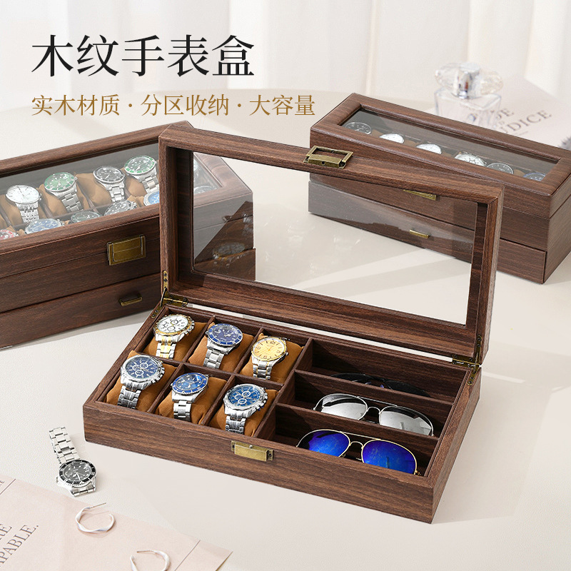 Retro Wood Grain Watch Box Jewelry Integrated Watch Display Box with Lid Watch Storage Box for Home and Commercial Use