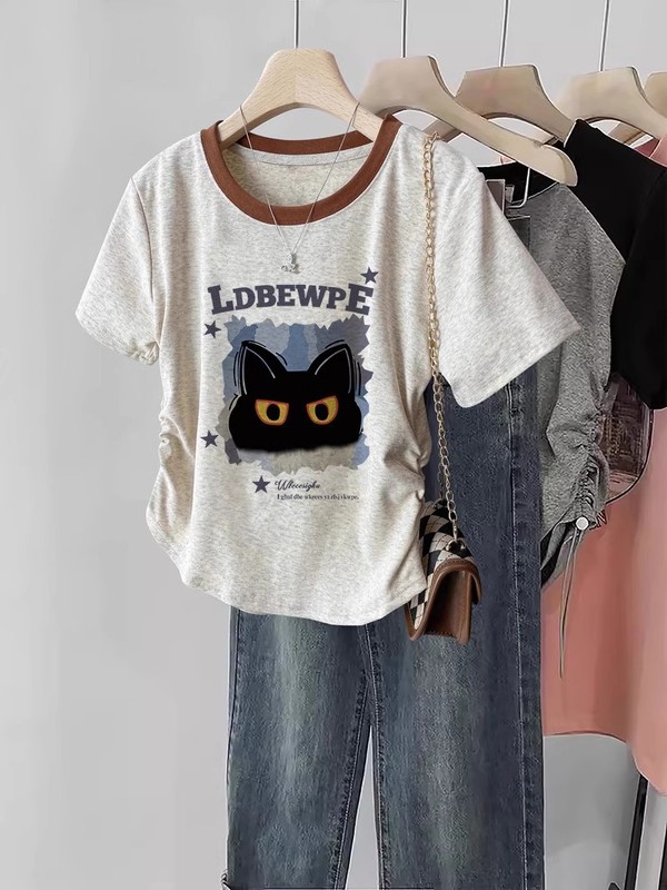 右肩ユニークで美しい半袖レディース Tシャツ 2025 年夏新作人気夏のレディースフィットウエストショートトップ|undefined